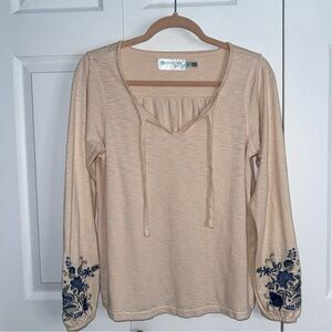 Aventura Cream Long Sleeve Top with Blue Floral Embroidery
